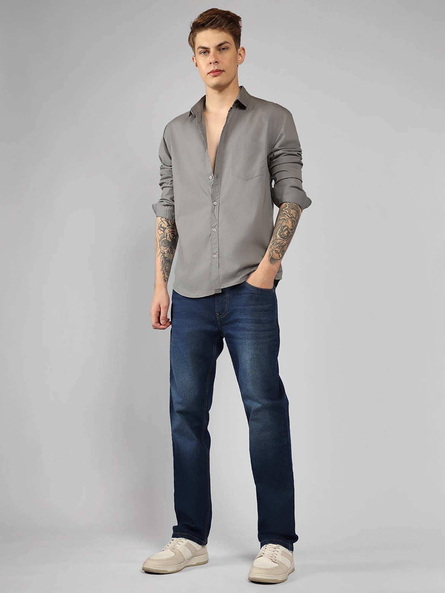 Buy Dennis Lingo Men Grey Solid Regular Fit Cotton Casual Shirt Online