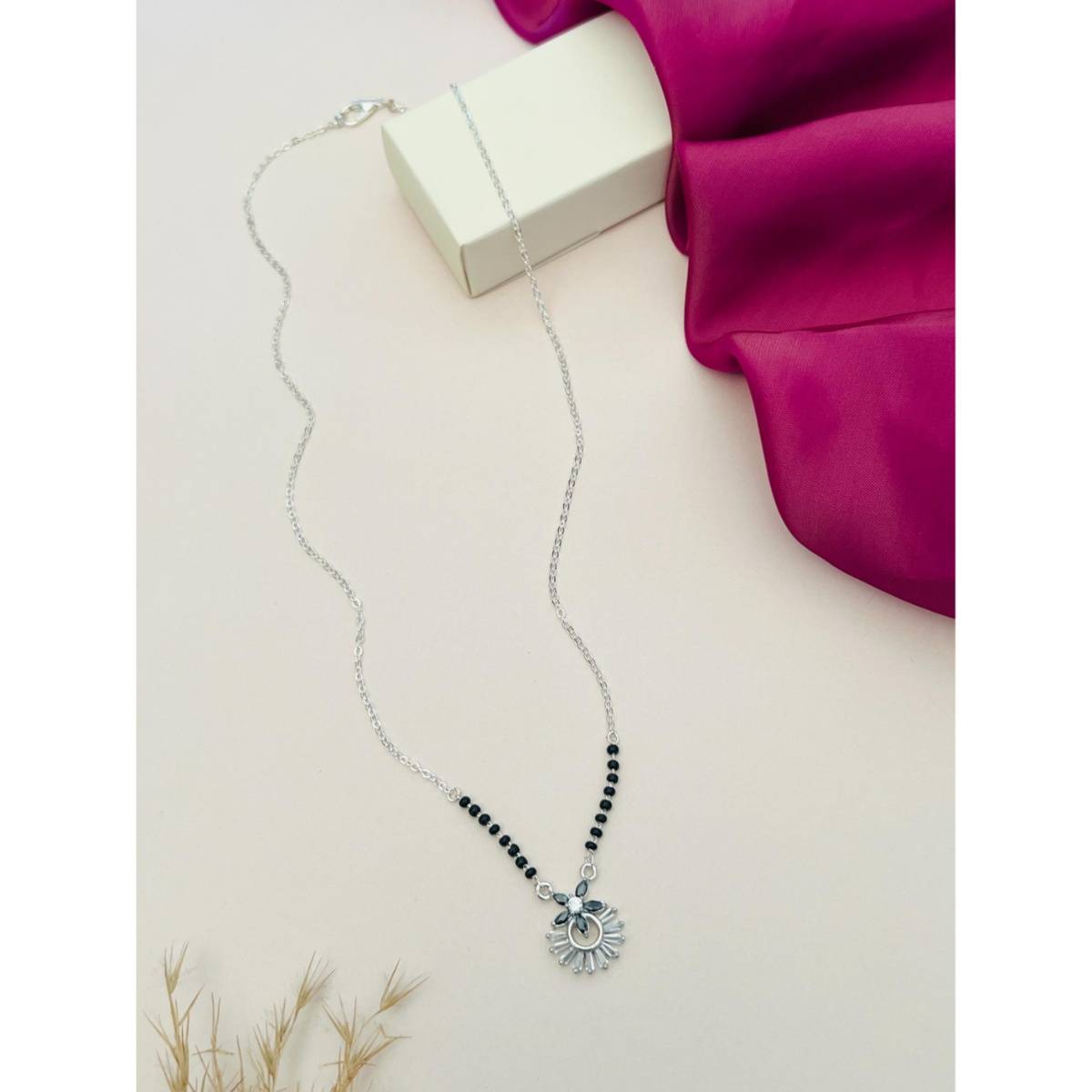 Abdesigns Silver Plated American Diamond Studded Beaded Mangalsutra