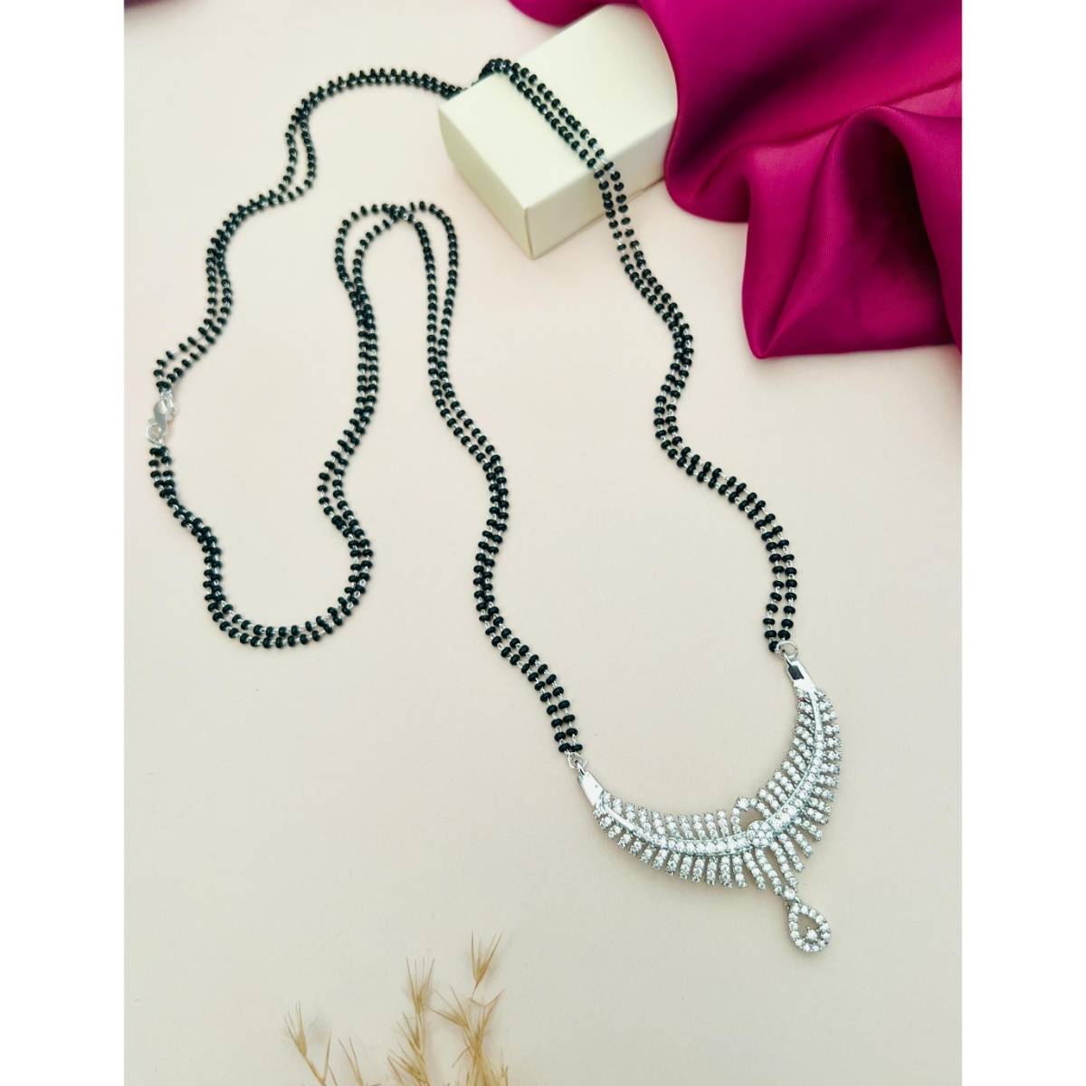 Abdesigns White Silver Plated American Diamond Studded Mangalsutra