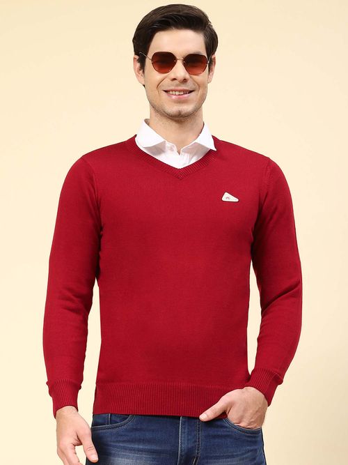 Buy Monte Carlo Mens Solid Dark Red V Neck Full Sleeve Pullover