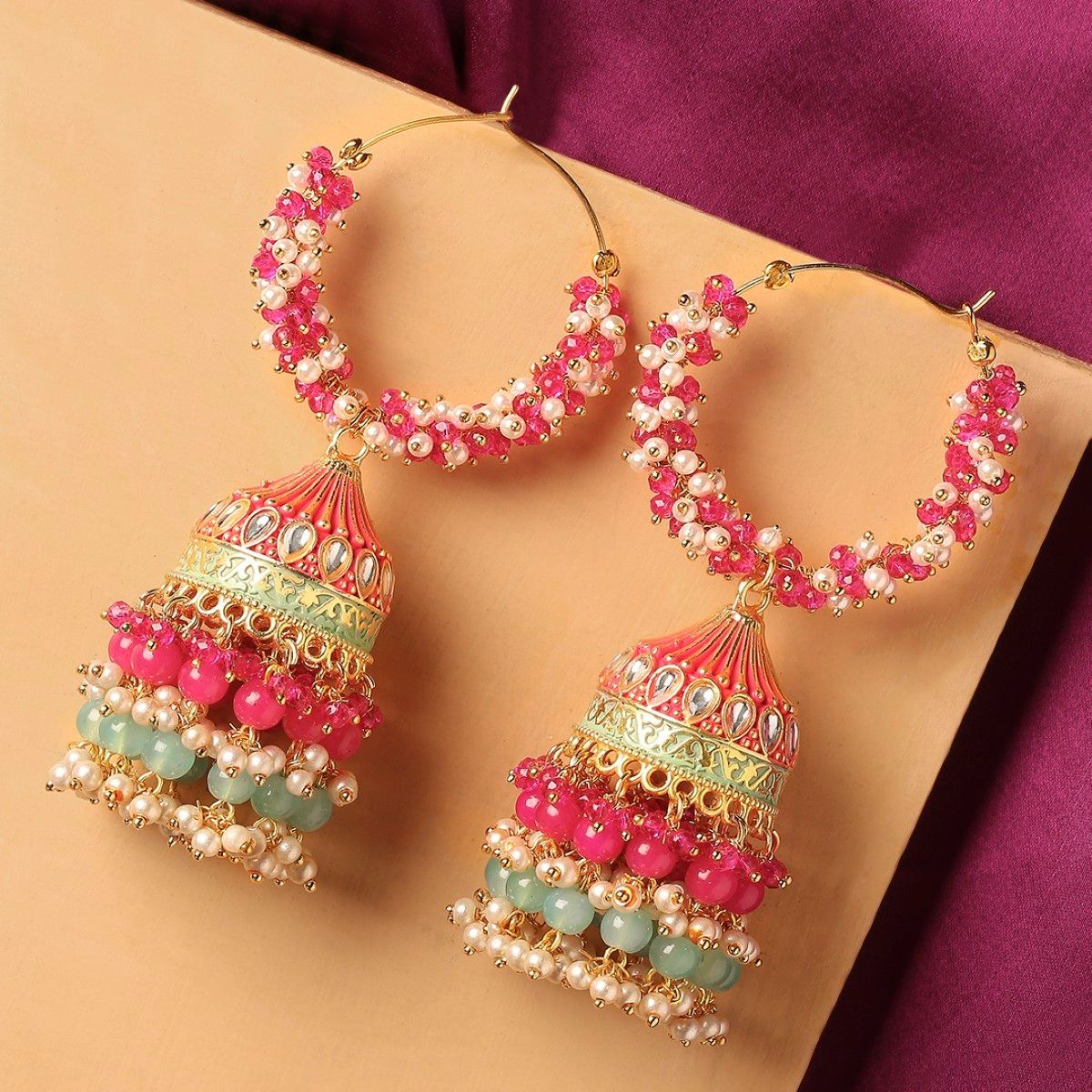 Big Pink Enamel Kundan Earrings for Girls  FashionCrabcom