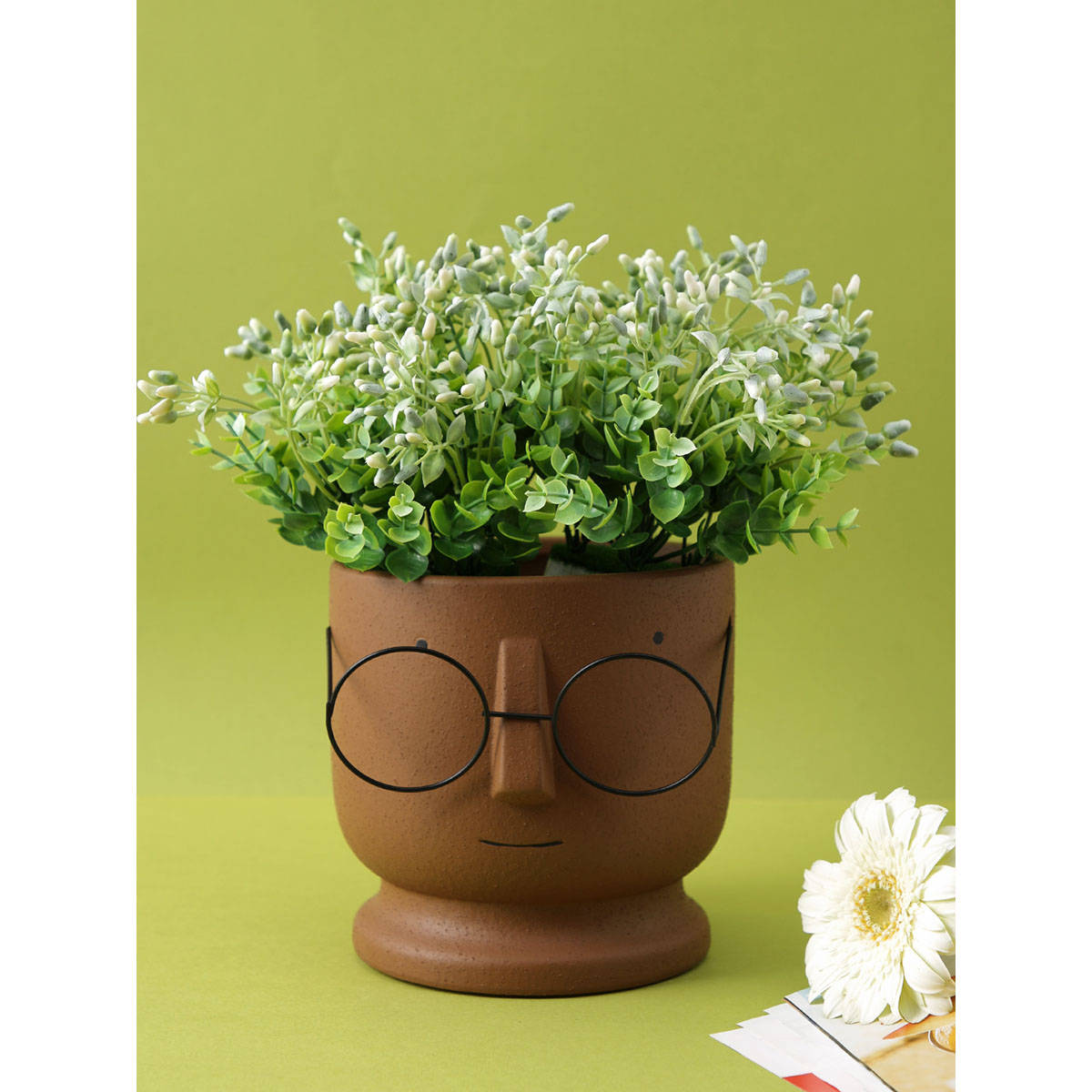 Tayhaa Cute Human Face Ceramic Brown Planter with Specs