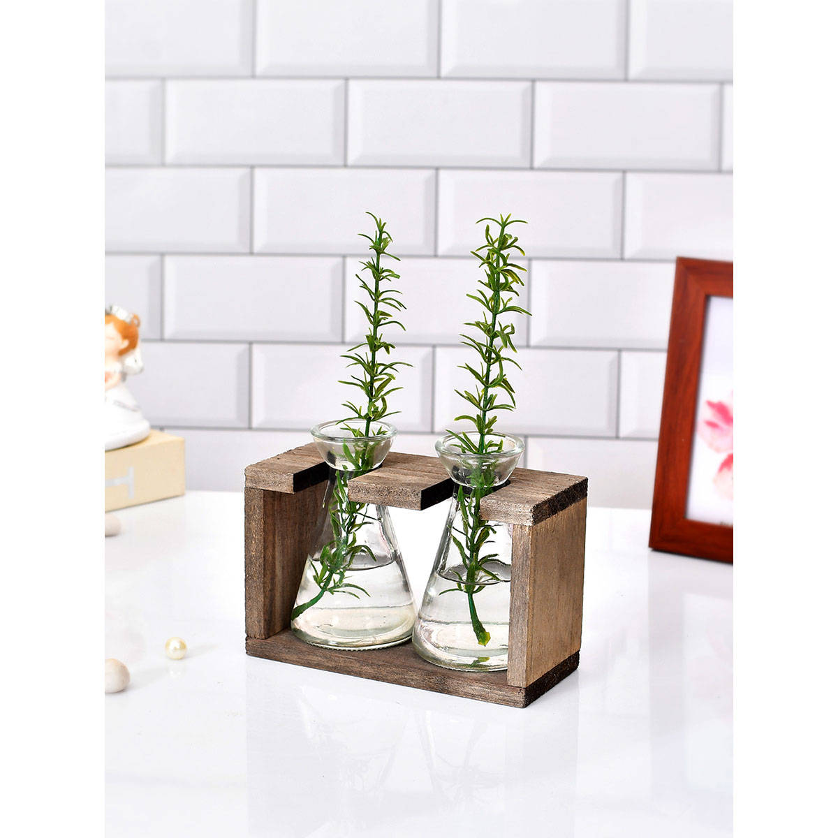 Tayhaa Tranquil Glass Double Vase with Wooden Stand