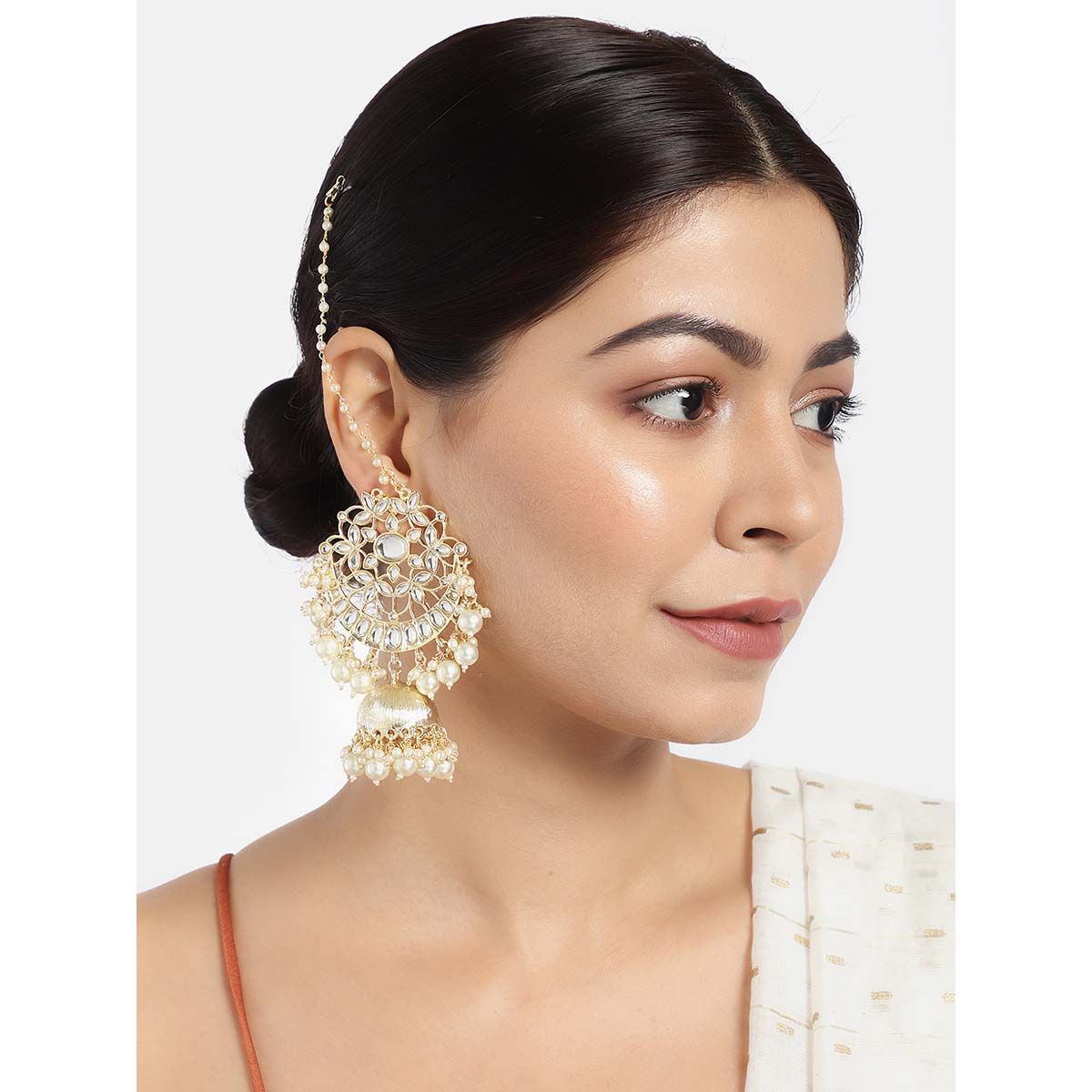Gold Plated Pearl  Kundan Bahubali Earrings with Hair Chain for Women