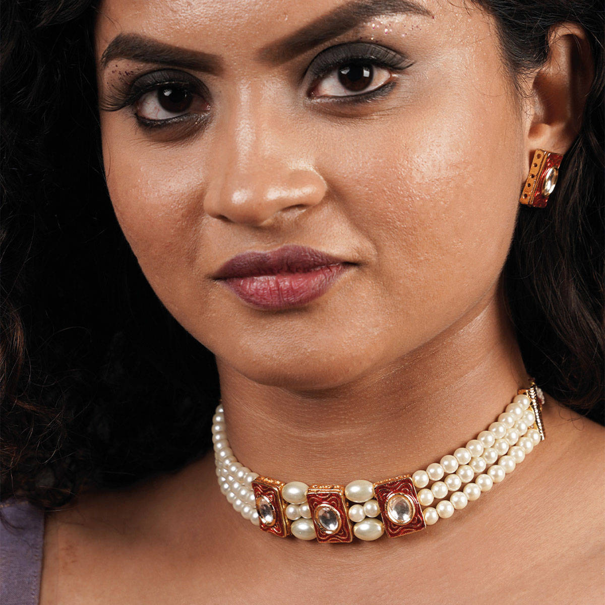 Fida Wedding Maroon Gold Plated Geometric Shape Pearl Kundan Ethnic Jewellery Set for Women