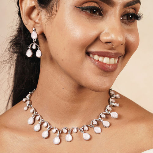 Light pink silver plated cz diamond Necklace set  Pink jewelry set, Bridal  necklace designs, Choker necklace set