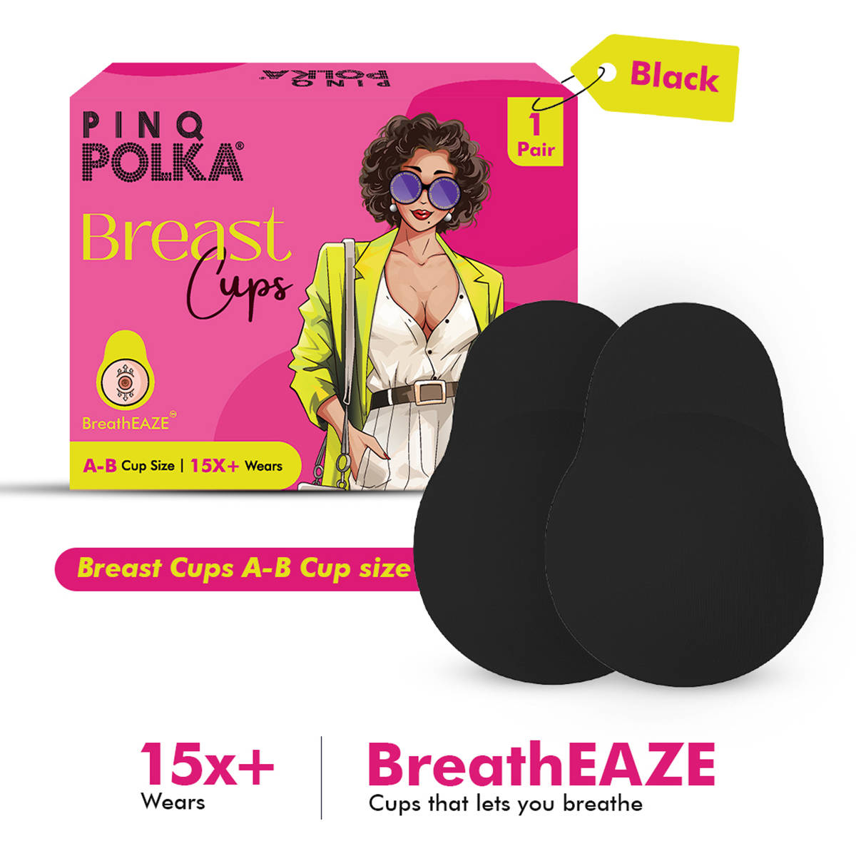 PINQ POLKA Breast Cups Black A-B Cup Reusable Push Up Silicone Bra Boob Tape Skin Friendly