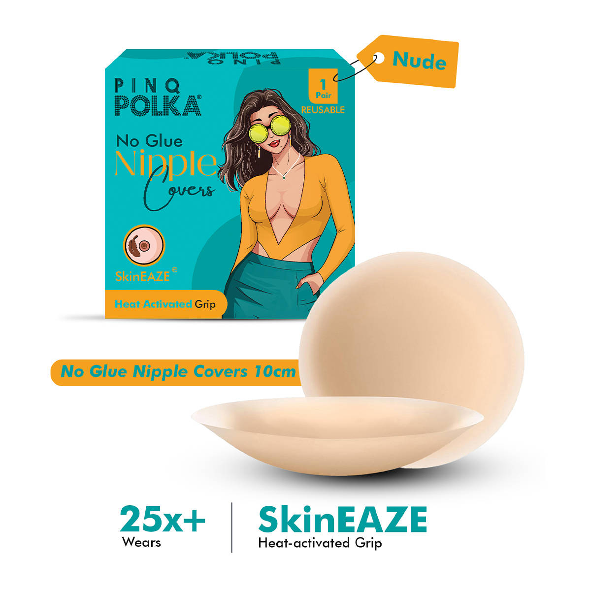 PINQ Polka SkinEAZE Skin Friendly Non-Adhesive Reusable Nipple Covers Pasties (10cm Nude)