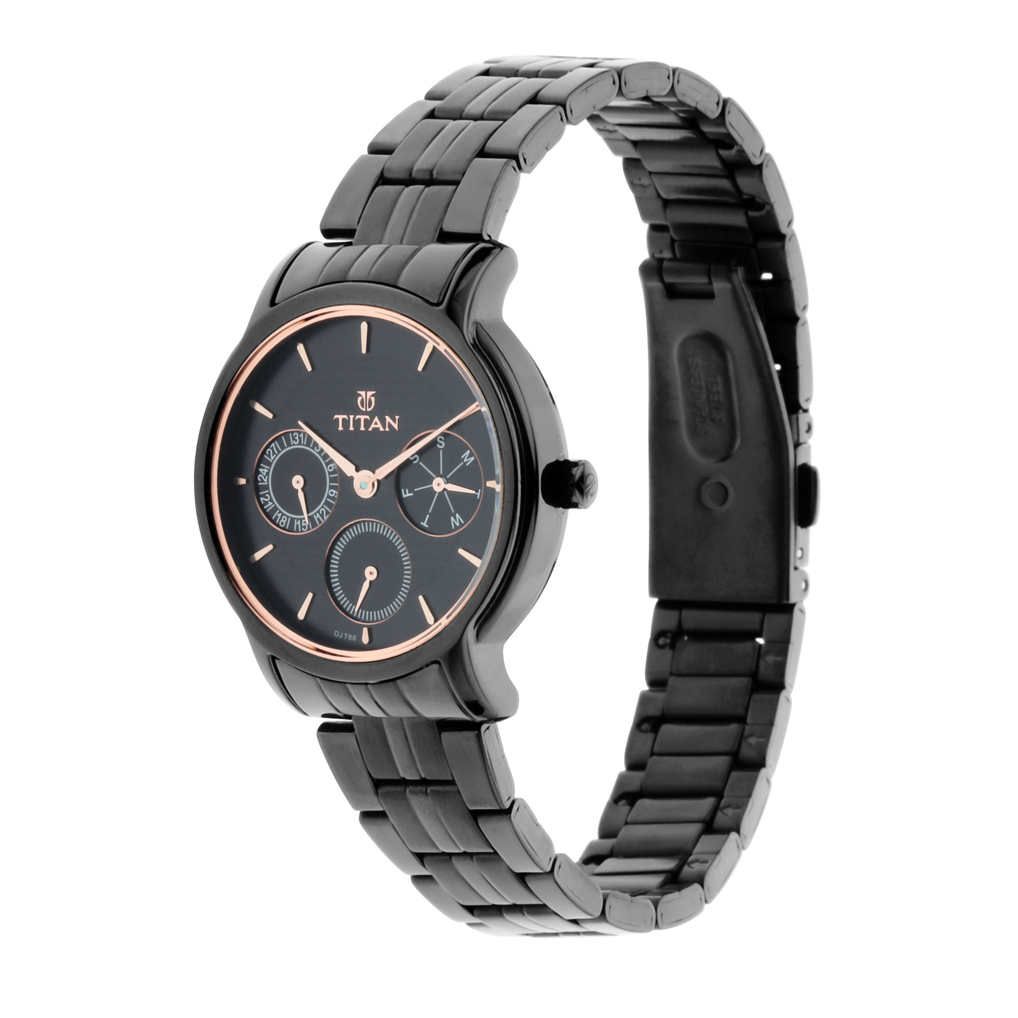 Workwear watch with black store dial & black metal strap