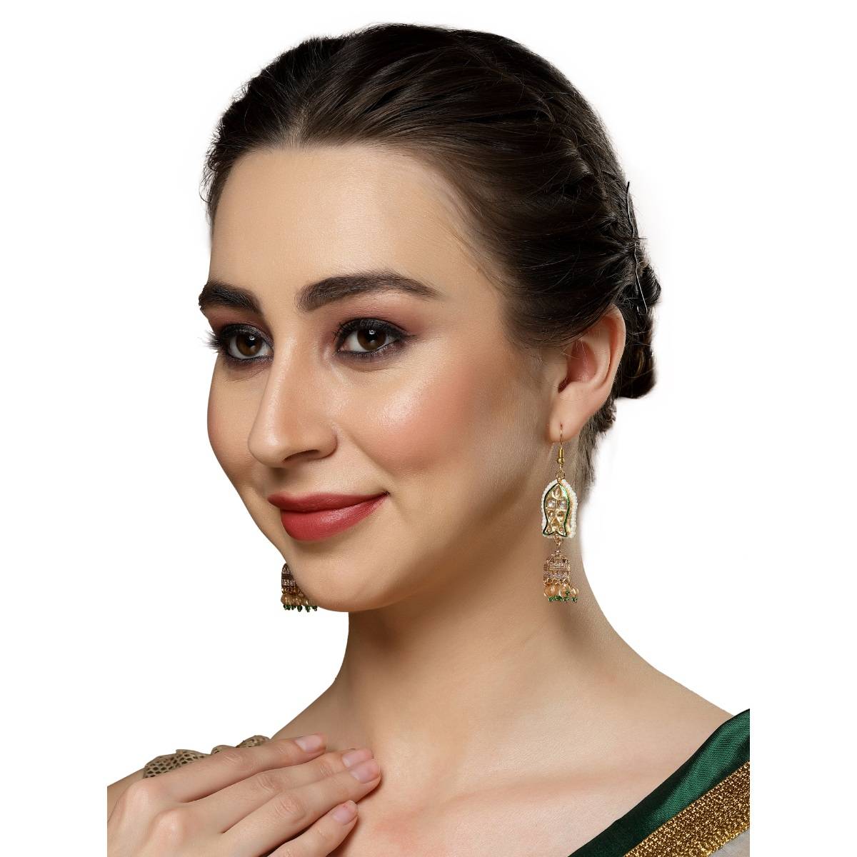 Dugran By Dugristyle Green and Peach Jhumkas Earring with Kundan and Pearls