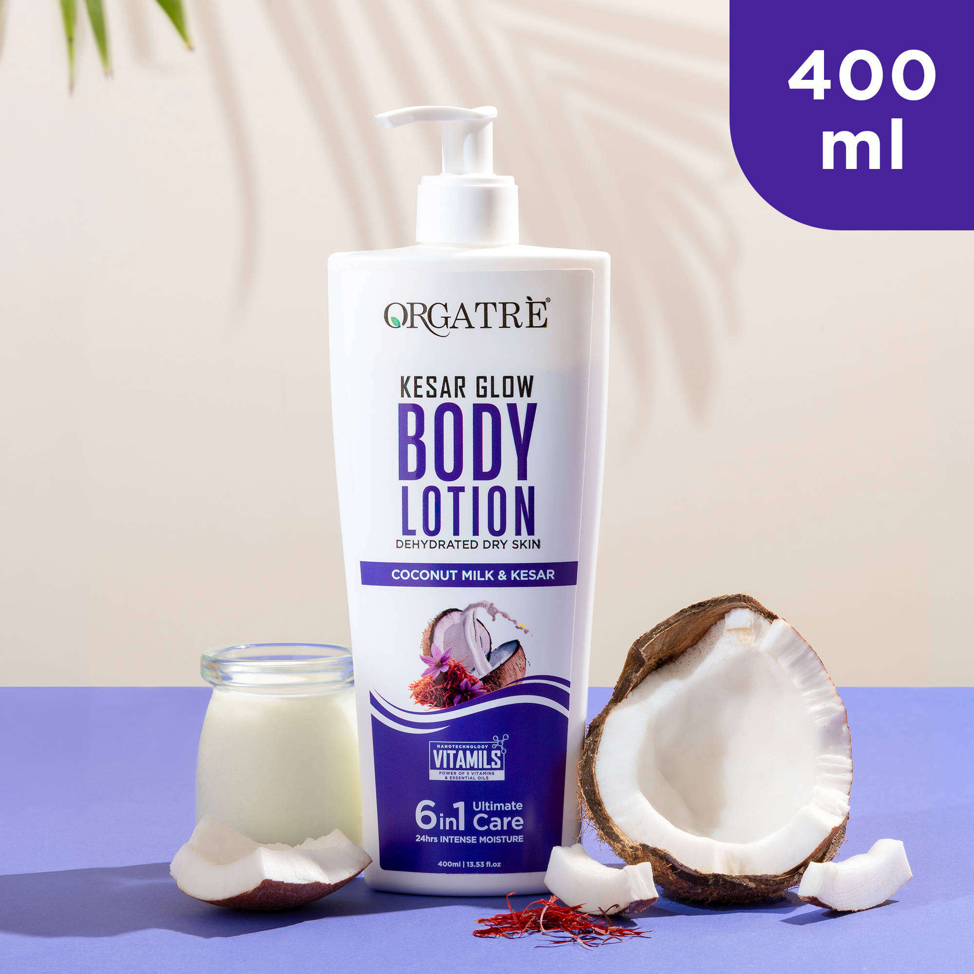 Orgatre Body Lotion Dry Skin 6In1 Care Vit-E, Kesar For 24H Intense Nourished & Smooth & Glow Skin