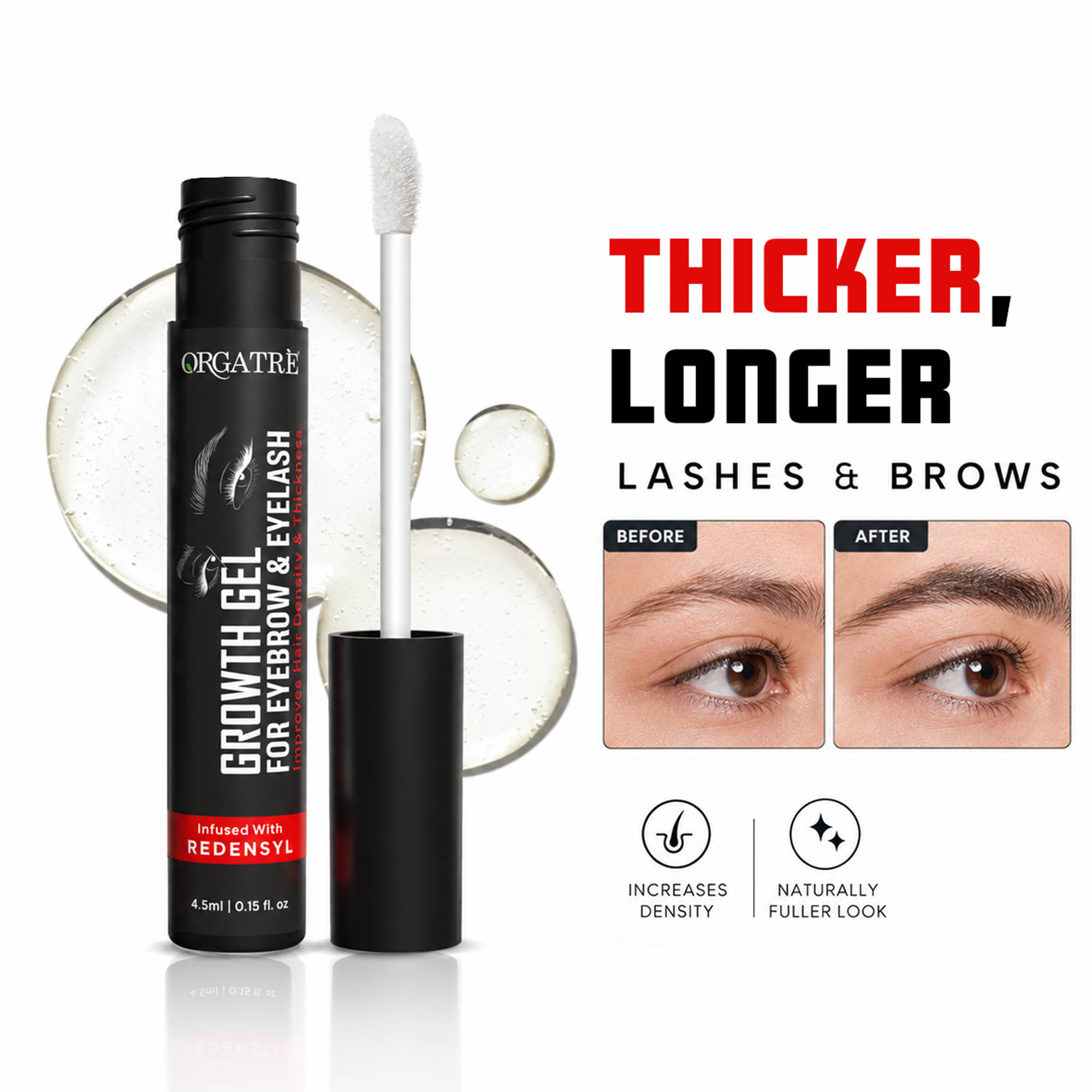 Orgatre Growth Eyebrow & Eyelash Gel for Women - Redensyl-Infused for Thicker, Fuller Brows & Lashes