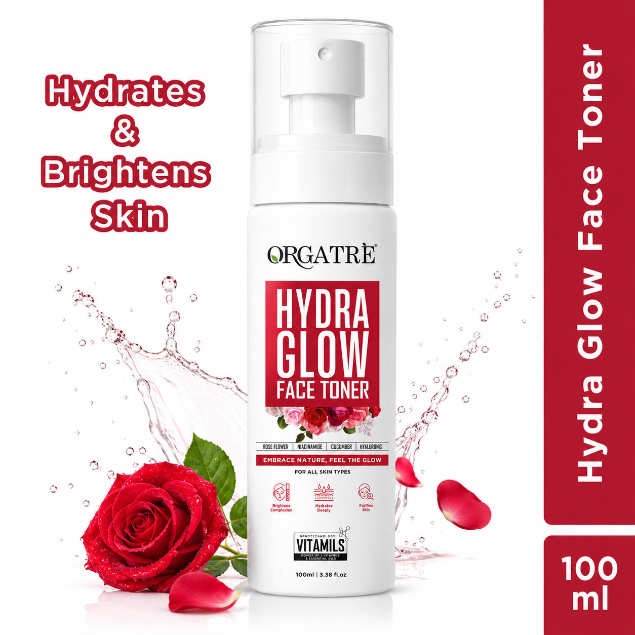 Orgatre Hydra Glow Face Toner with Rose Water, Niacinamide & Hyaluronic Acid for Glowing Skin 100ml