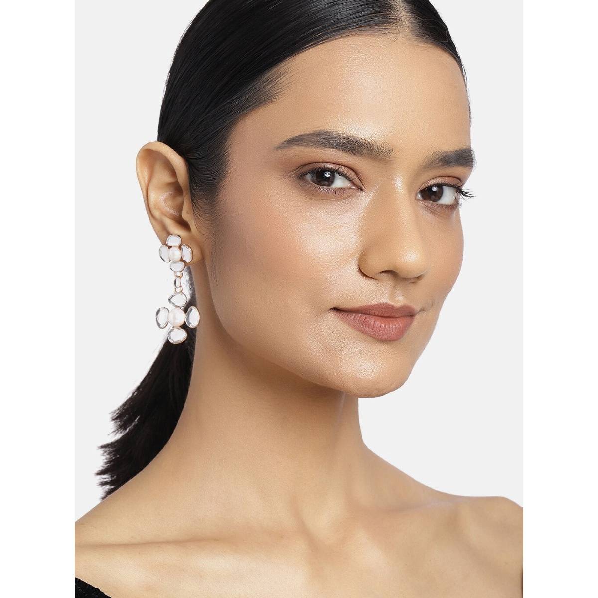 Estele Gold Plated Two Flower Kundan Drop Party Wear Earrings for Women