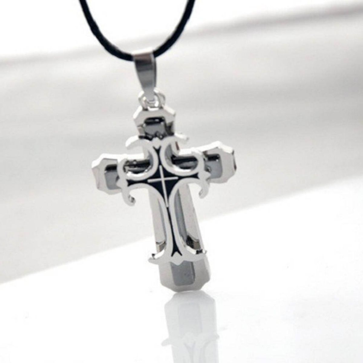 Buy OOMPH Silver Stainless Steel Black Enamel Jesus Cross Fashion Pendant  Necklace Chain online