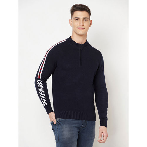 Buy CRIMSOUNE CLUB Men Navy Blue Printed Mock Neck Sweater Online