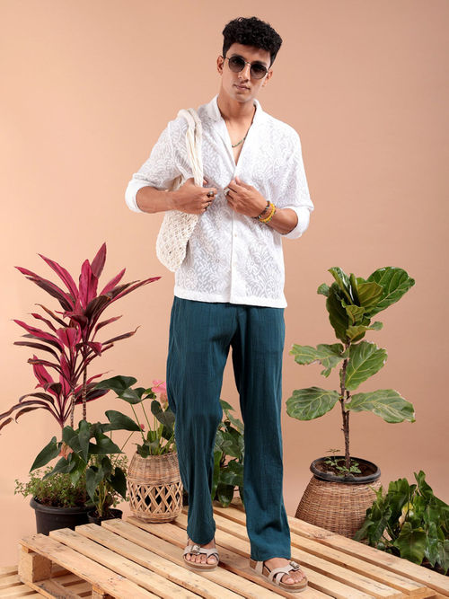 Buy The Indian Garage Co Men Self Design Cuban Collar Resort Wear Shirt  White Online