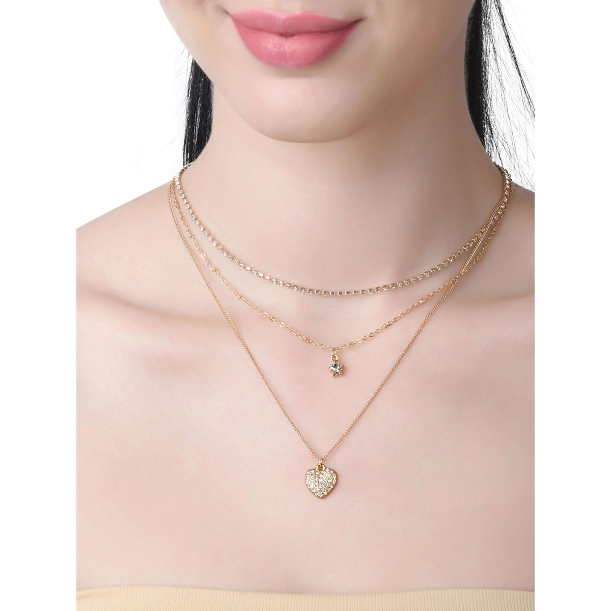 Lilly & Sparkle Gold Toned 3 Layered Necklace With Cup Chain Crystal Heart  & Star: Buy Lilly & Sparkle Gold Toned 3 Layered Necklace With Cup Chain  Crystal Heart & Star Online