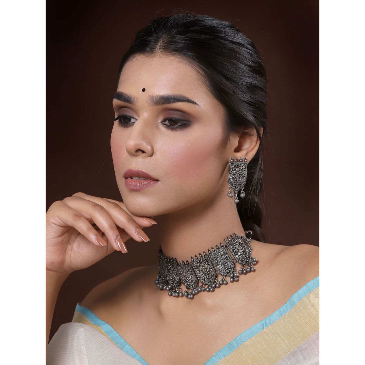PANASH Oxidised Silver-Plated Black Necklace with Earrings (Set of 2)
