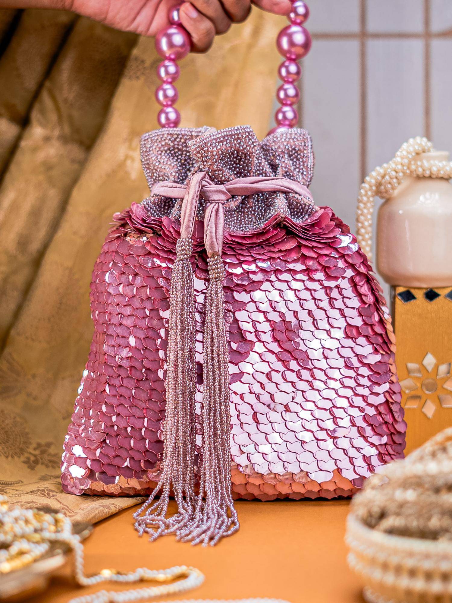 NR BY NIDHI RATHI Rose Gold Glittery Embellished Drawstring Potli Bag