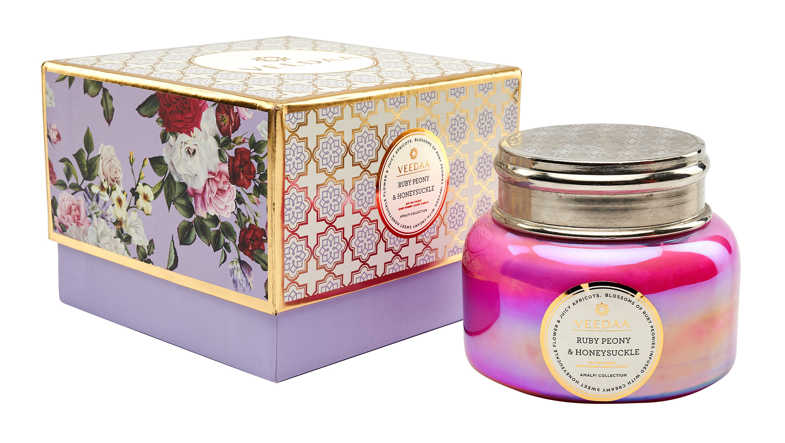 Buy Veedaa Ruby Peony & Honeysuckle Macaron Glass Scented Candle Online
