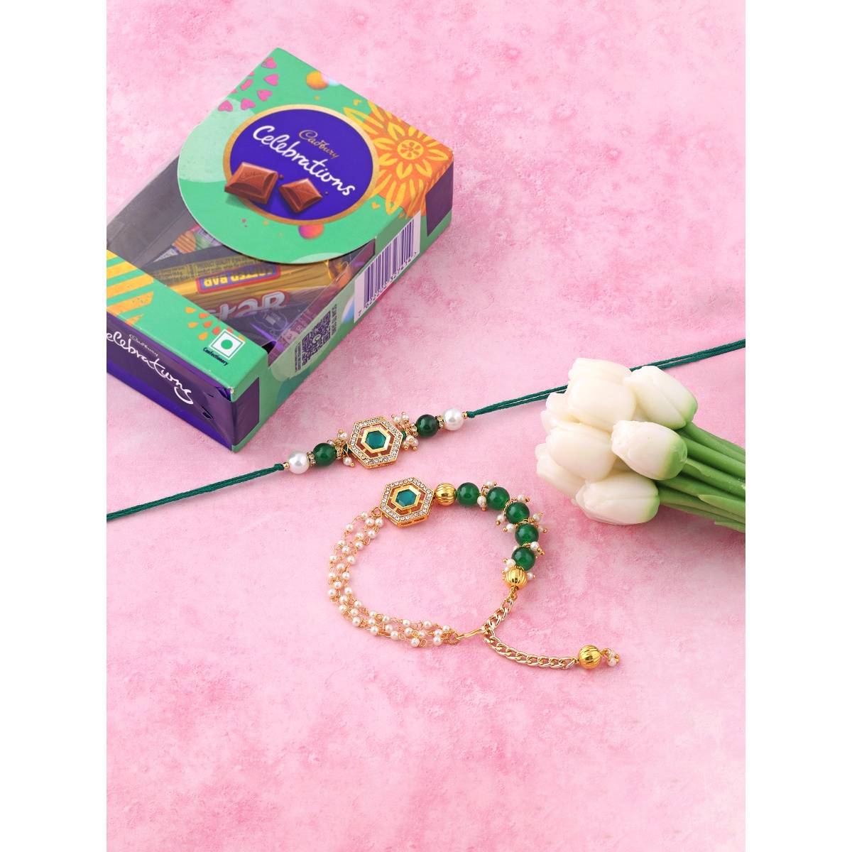 VIRAASI Green Bhaiya Bhabhi Rakhi Gift Set with Chocolates