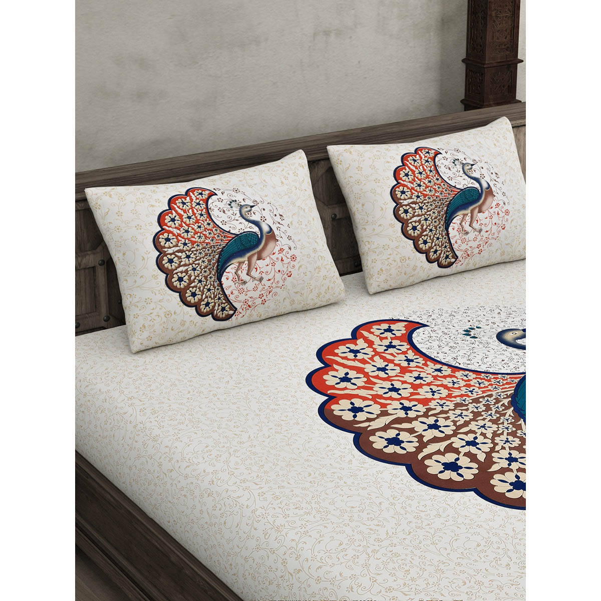 JAIPUR FABRIC Twill Cotton King Bedsheet With 2 Pillow Cover Dancing Peacock Off White