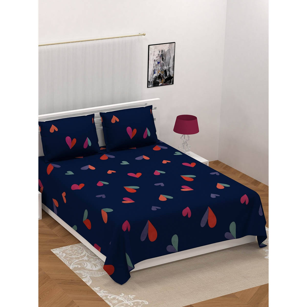 JAIPUR FABRIC Navy Blue Shade With Multicolored Hearts Design Double King Bedsheet