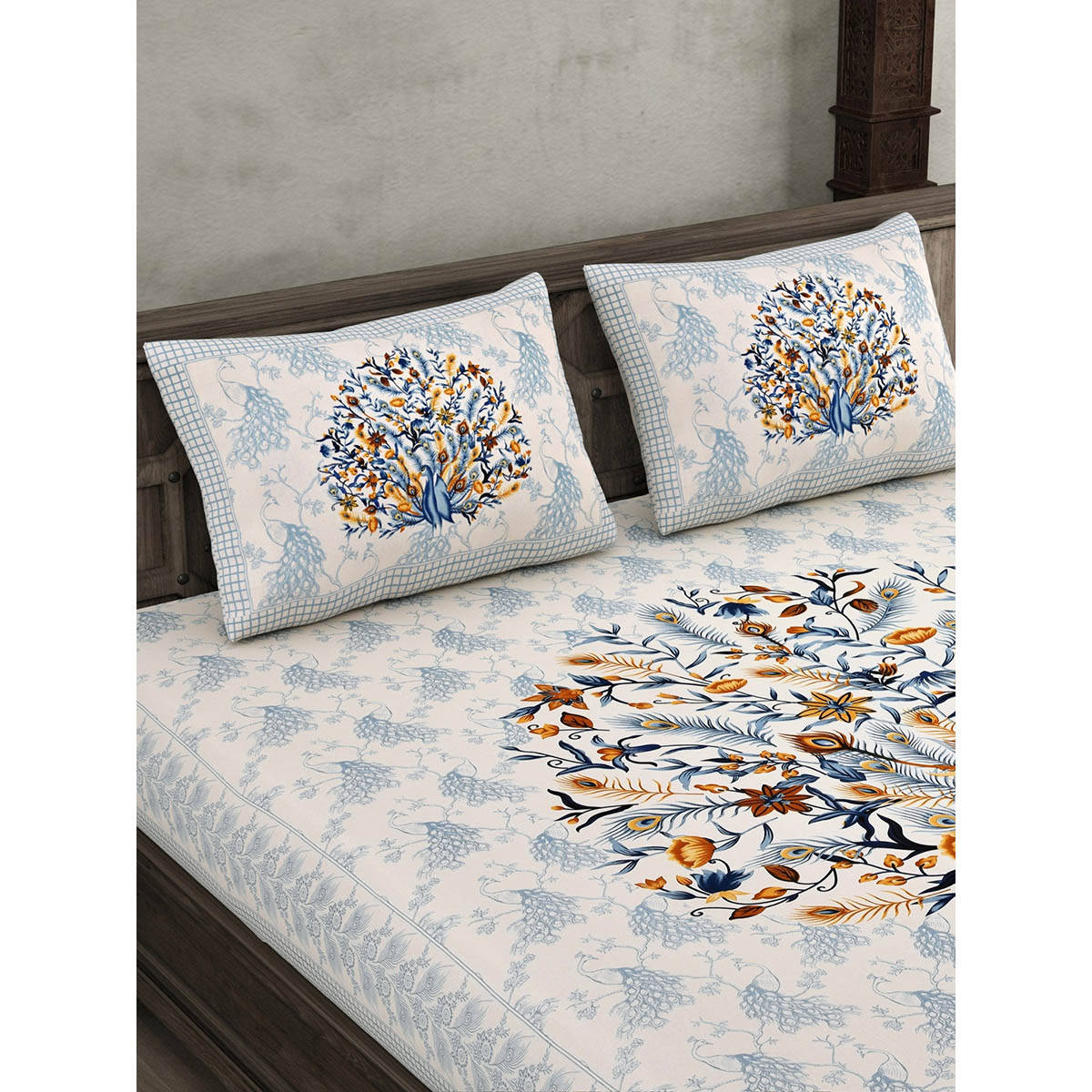 JAIPUR FABRIC 180 Tc Dancing Peacock Jaipuri Print Double King Bedsheet With 2 Pillow Covers Indigo