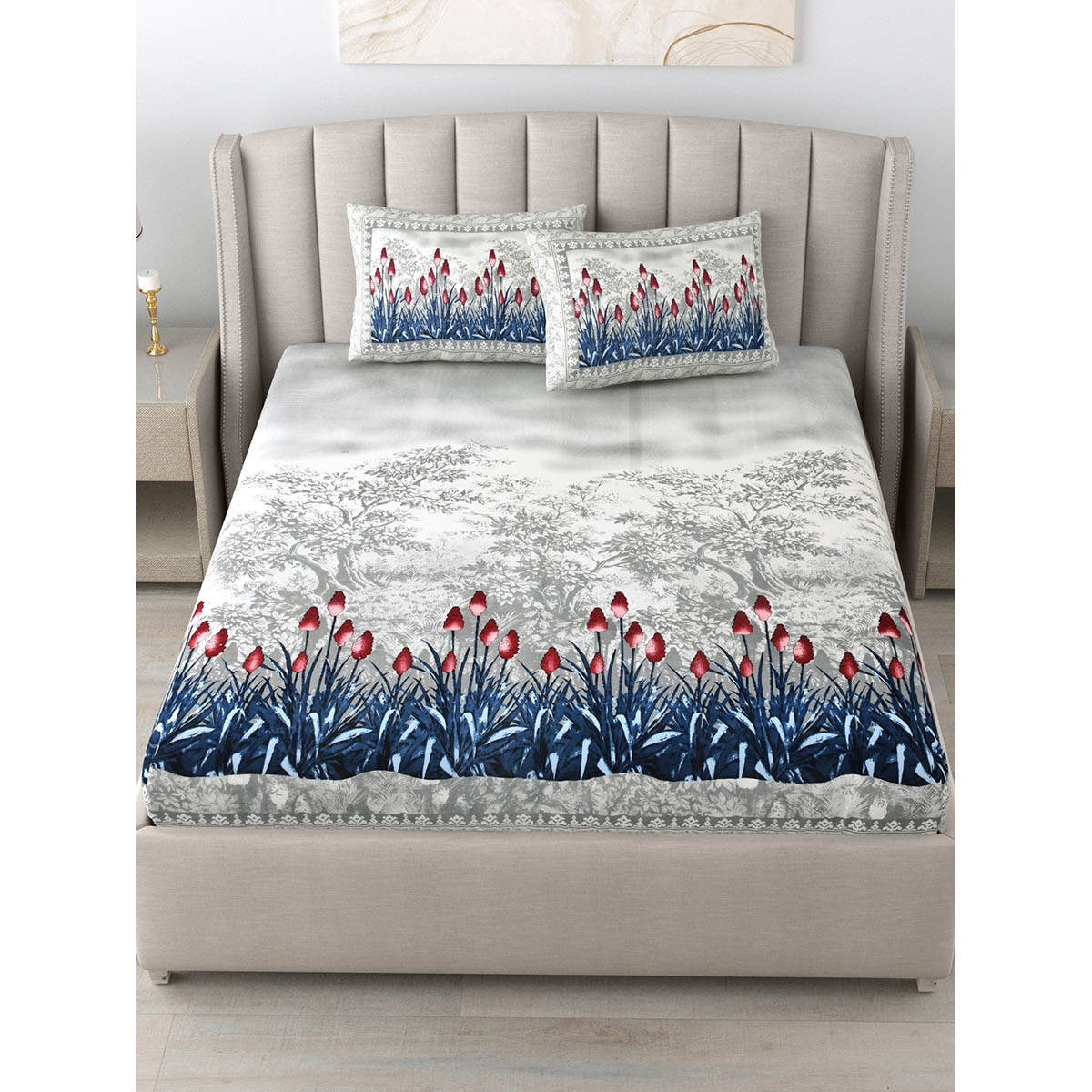 JAIPUR FABRIC 180 Tc Cotton Printed King Bedsheet With Two Pillow Covers For Double Bed Blue