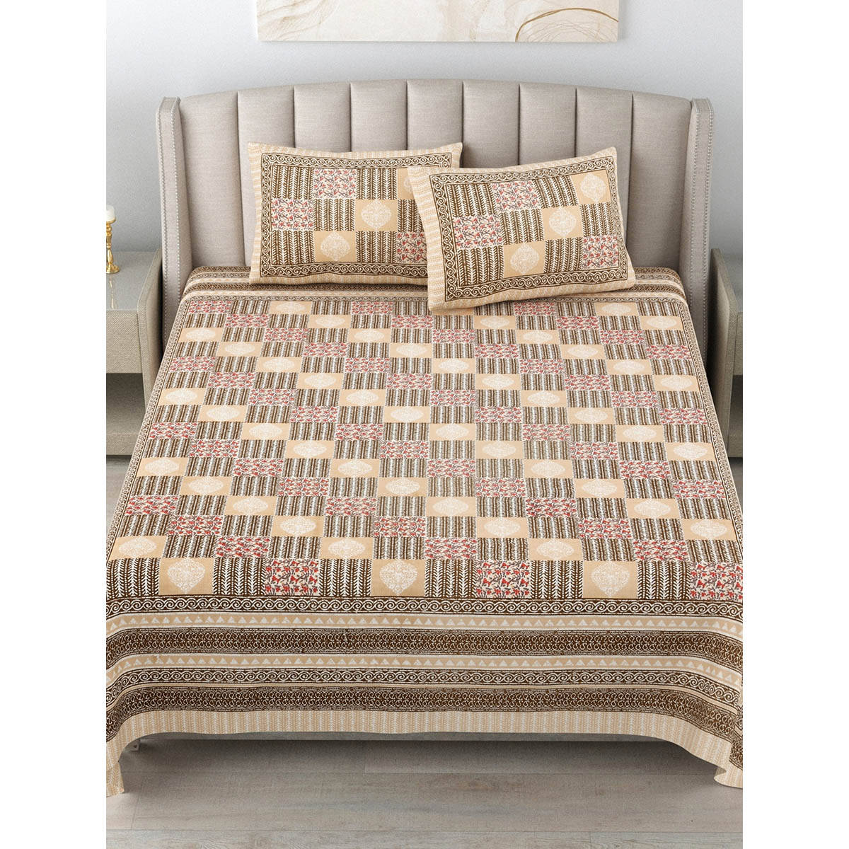 JAIPUR FABRIC 180 Tc Cotton Printed King Bedsheet With Two Pillow Covers For Double Bed Brown
