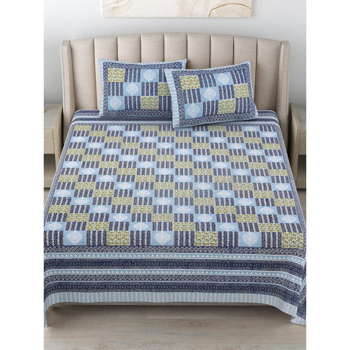 JAIPUR FABRIC 180 Tc Cotton Printed King Bedsheet With Two Pillow Covers For Double Bed Blue