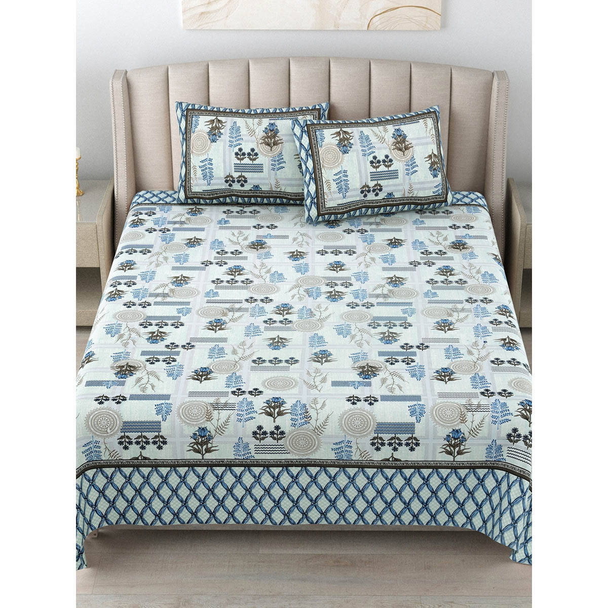 JAIPUR FABRIC 180 Tc Cotton Printed King Bedsheet With Two Pillow Covers For Double Bed Blue