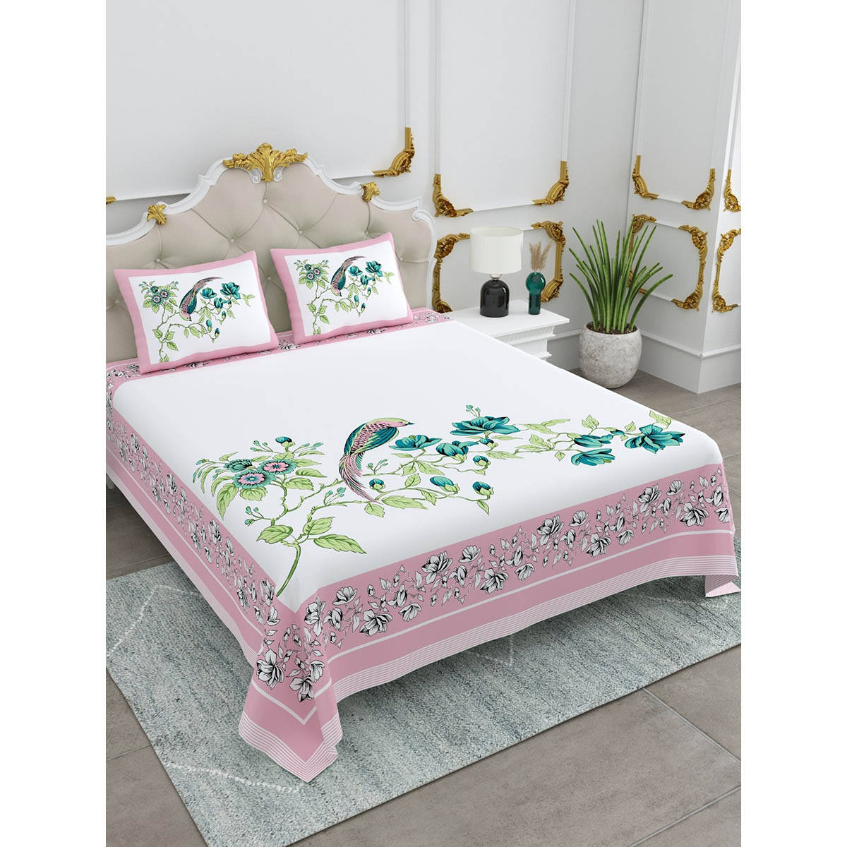 JAIPUR FABRIC Cotton Floral Printed King Size Bed Sheet With 2 Pillow Cover For Bedroom Decor Pink