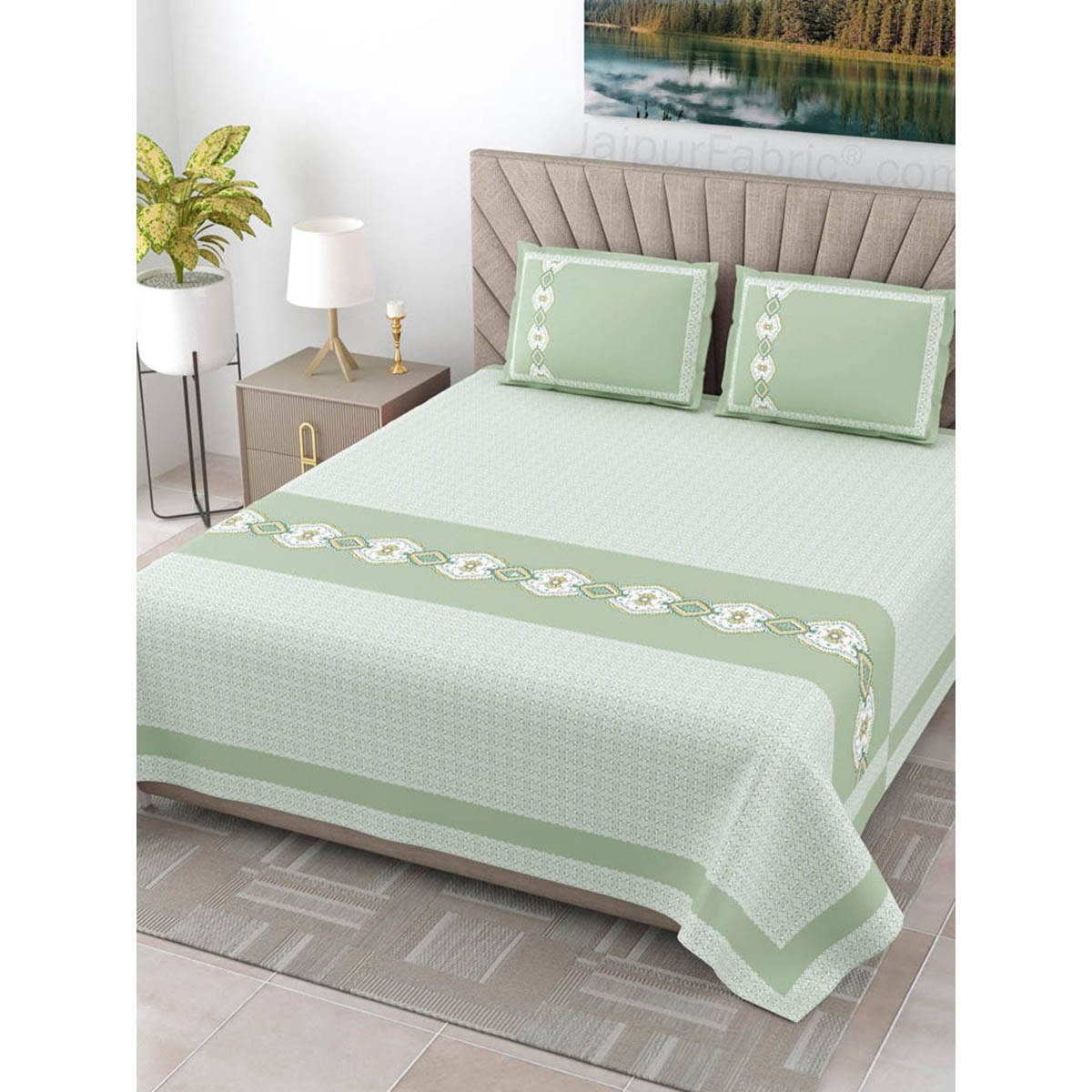 JAIPUR FABRIC Green Oasis Pure Cotton King Size Double Bed Sheet With 2 Pillow Cover