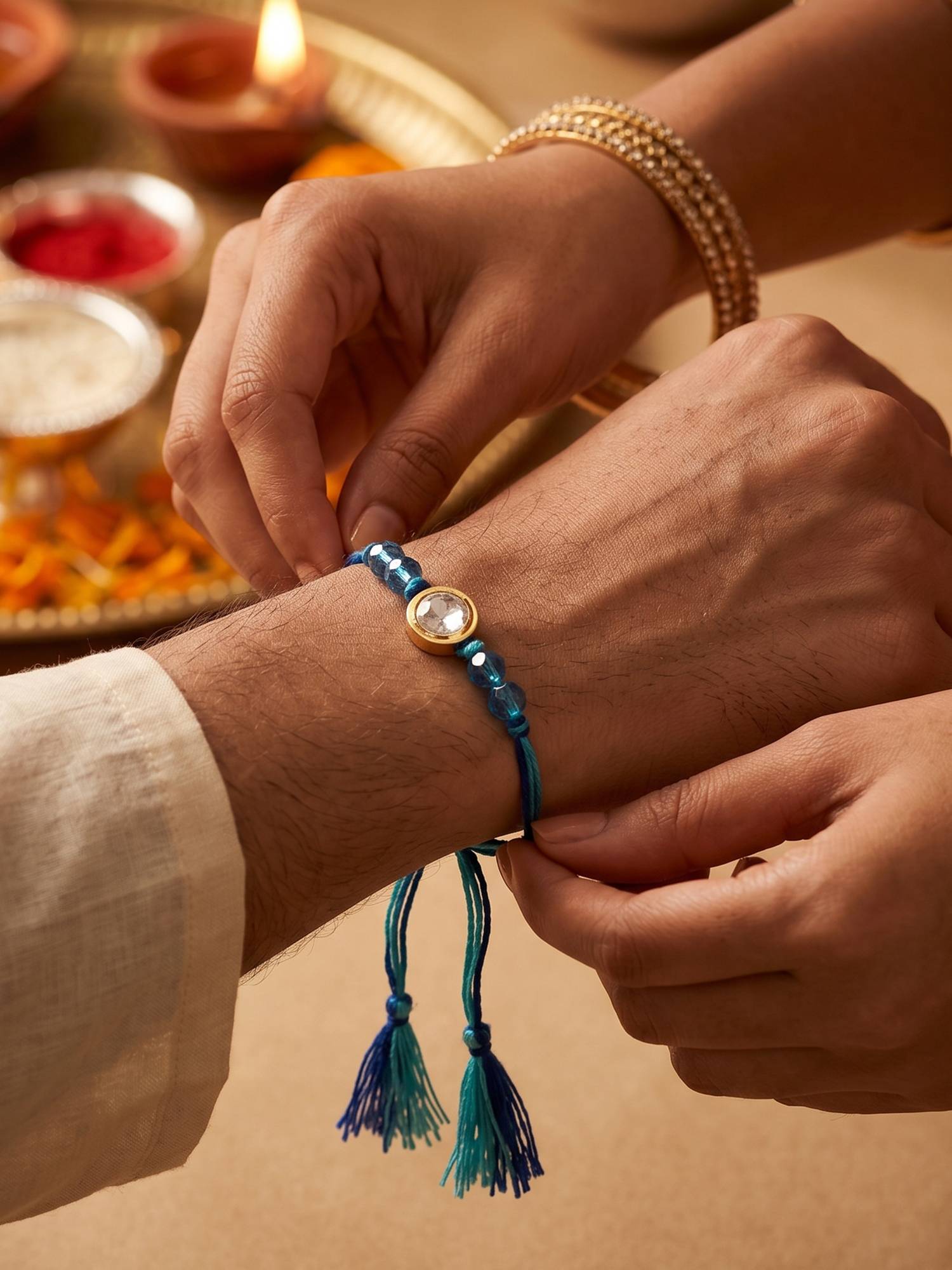 TOUCH925 925 Silver Stone Rakhi for Brother with Blue Beads and Gold-Tone Frame Design