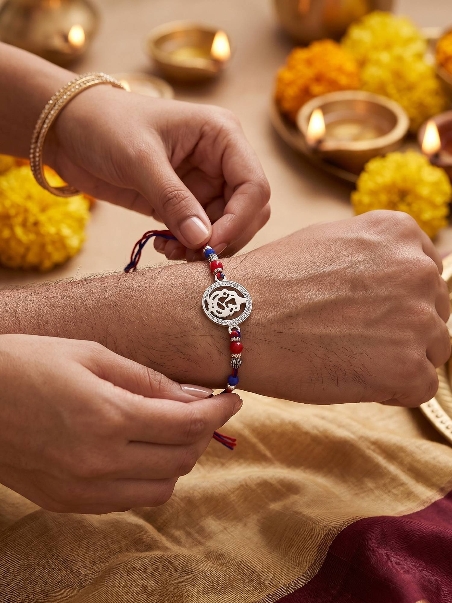 TOUCH925 925 Silver Ganpati Rakhi for Brother with Sparkling Stones and Colorful Beads