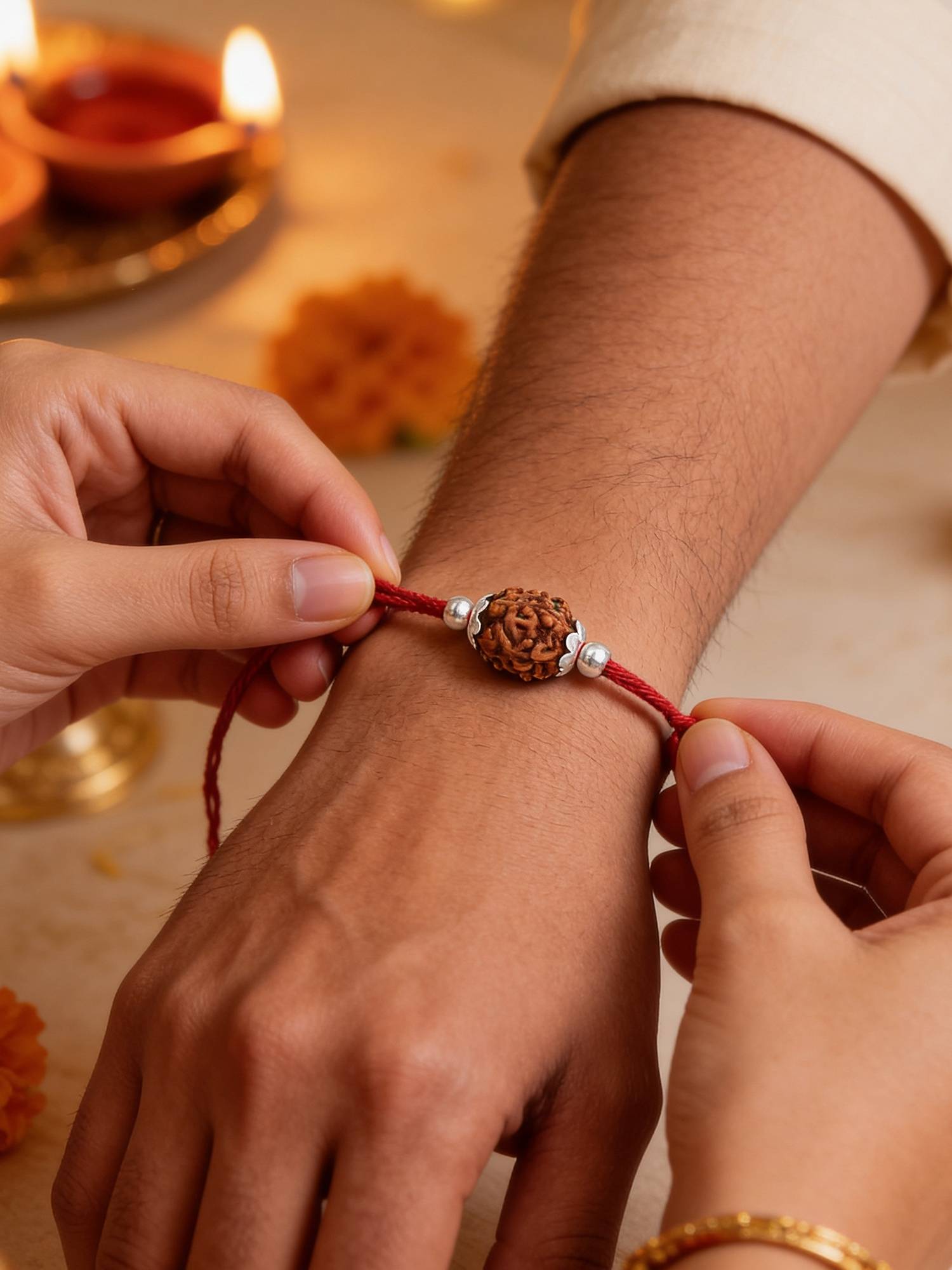TOUCH925 925 Silver Rudraksha Rakhi for Brother with Genuine Sacred Bead and Silver Detailing