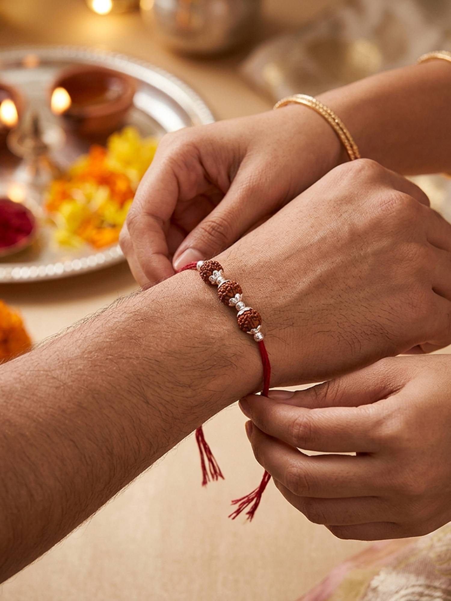 TOUCH925 925 Silver Triple Rudraksha Rakhi for Brother with Sacred Beads and Silver Work