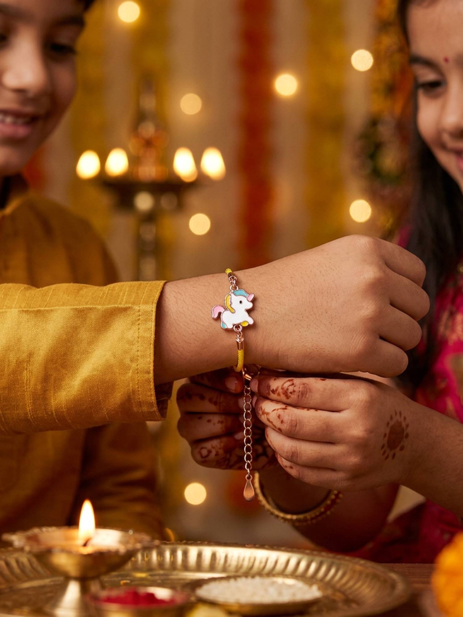 TOUCH925 925 Silver Magic Unicorn Kids Rakhi for Sibling with Enamel Charm and Yellow Cord