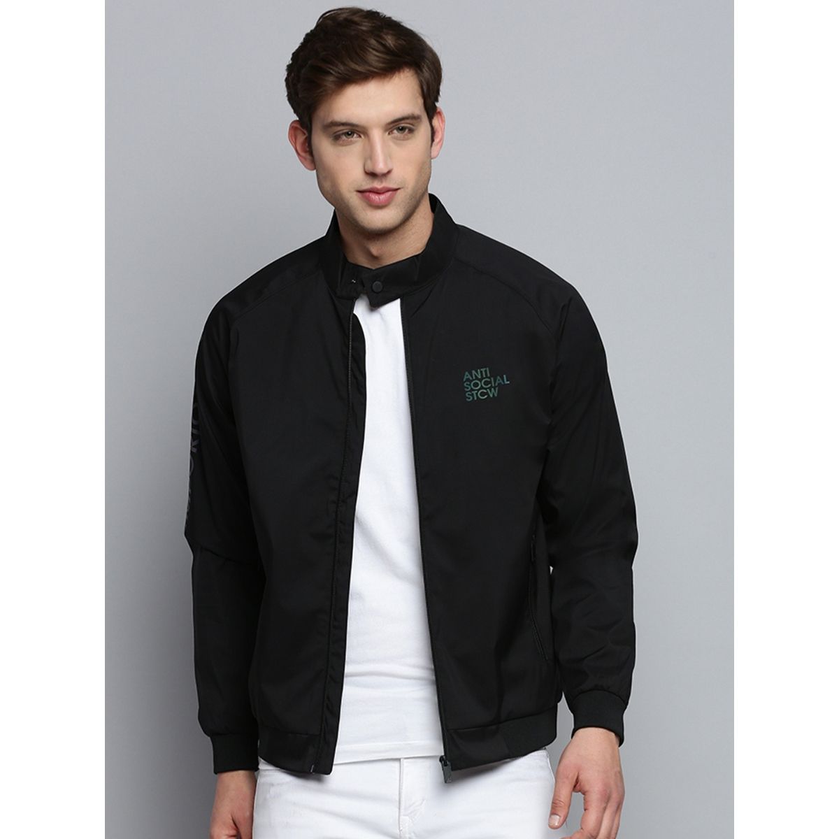 SHOWOFF Men's Mock Collar Solid Black Open Front Jacket: Buy