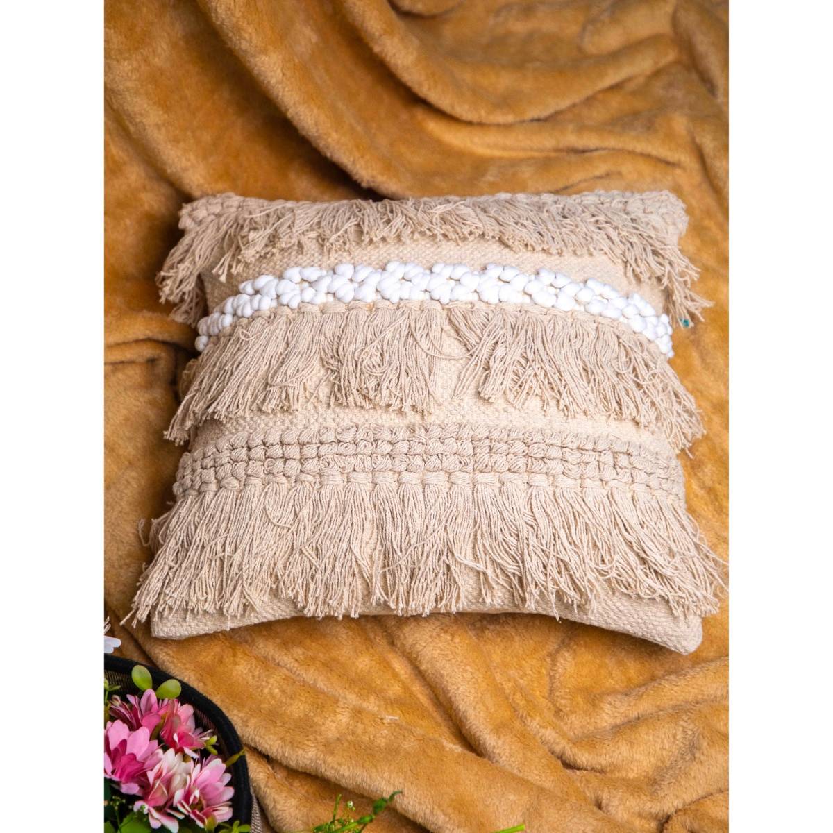 StudioHMK Beige and White Handloom Square Cushion Cover (16x16 inches)