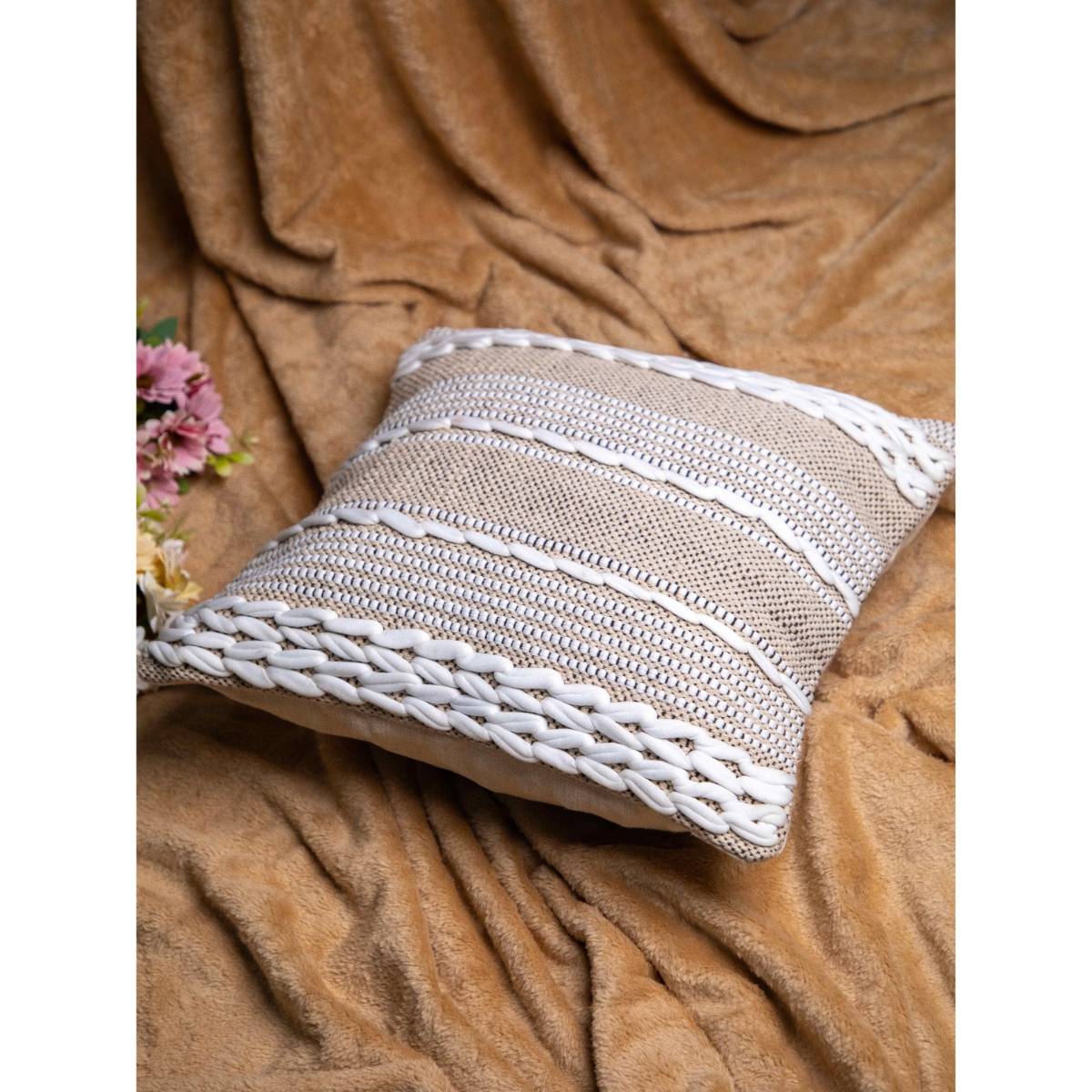 StudioHMK Beige and White Handloom Square Cushion Cover (16x16 inches)