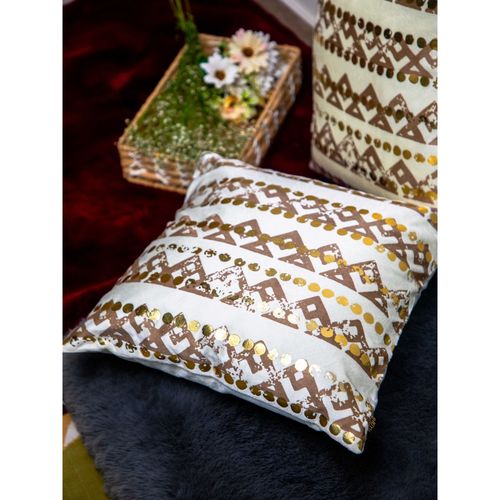 StudioHMK White Velvet and Brown, Golden Foil Printed Square Cushion Cover  (16x16 inches)