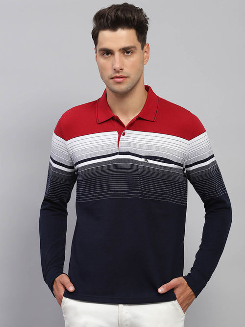 Buy Monte Carlo Men Navy Blue Striped Polo Neck Full Sleeve T