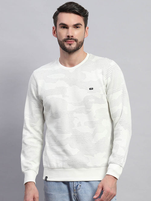 Monte Carlo Men White Self Design Round Neck Full Sleeve Sweatshirt