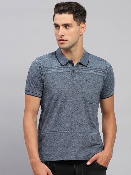 Monte Carlo Men Grey Printed Polo Neck Half Sleeve T-Shirt