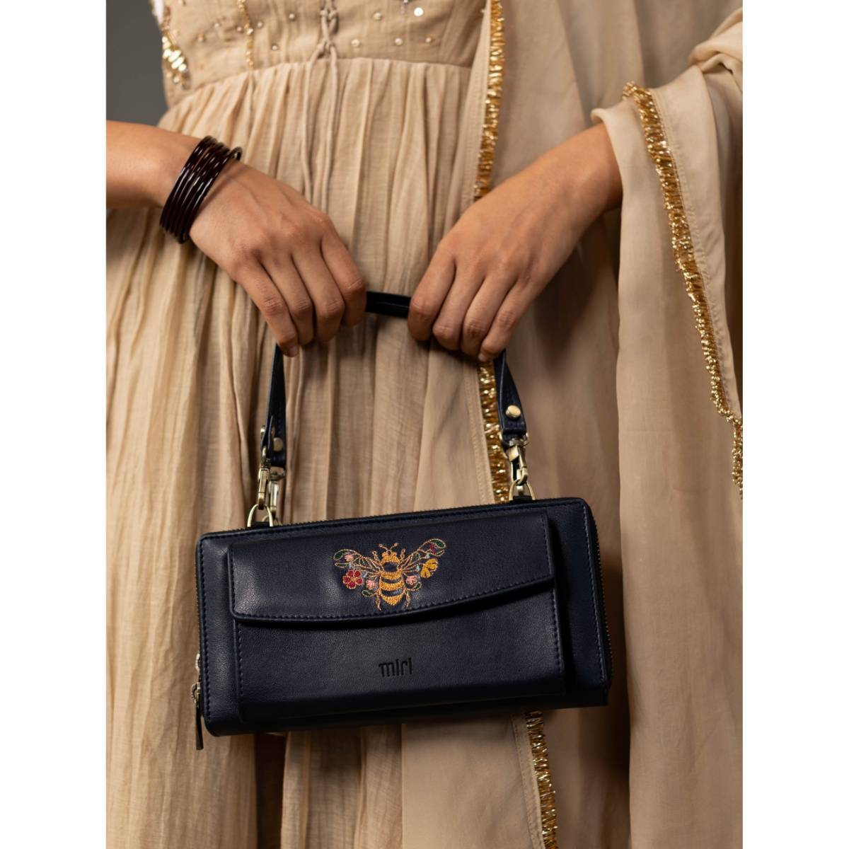 Miri Queenbee Hand Embroidered Sling Bag with Detachable Strap Sling - Midnight Blue