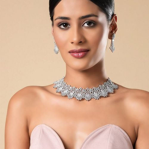 Yellow Chimes Rhodium-Plated Silver-Toned and White AD-Studded Bridal  Wedding Jewellery Set