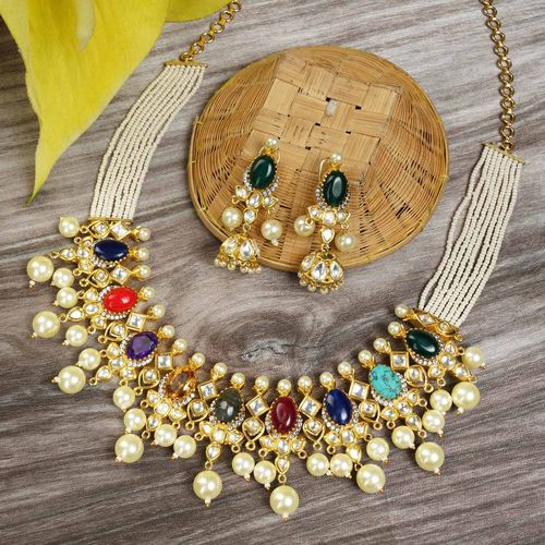 Buy Auraa Trends Navratna Kundan Necklace Set with Pearl Drops Online